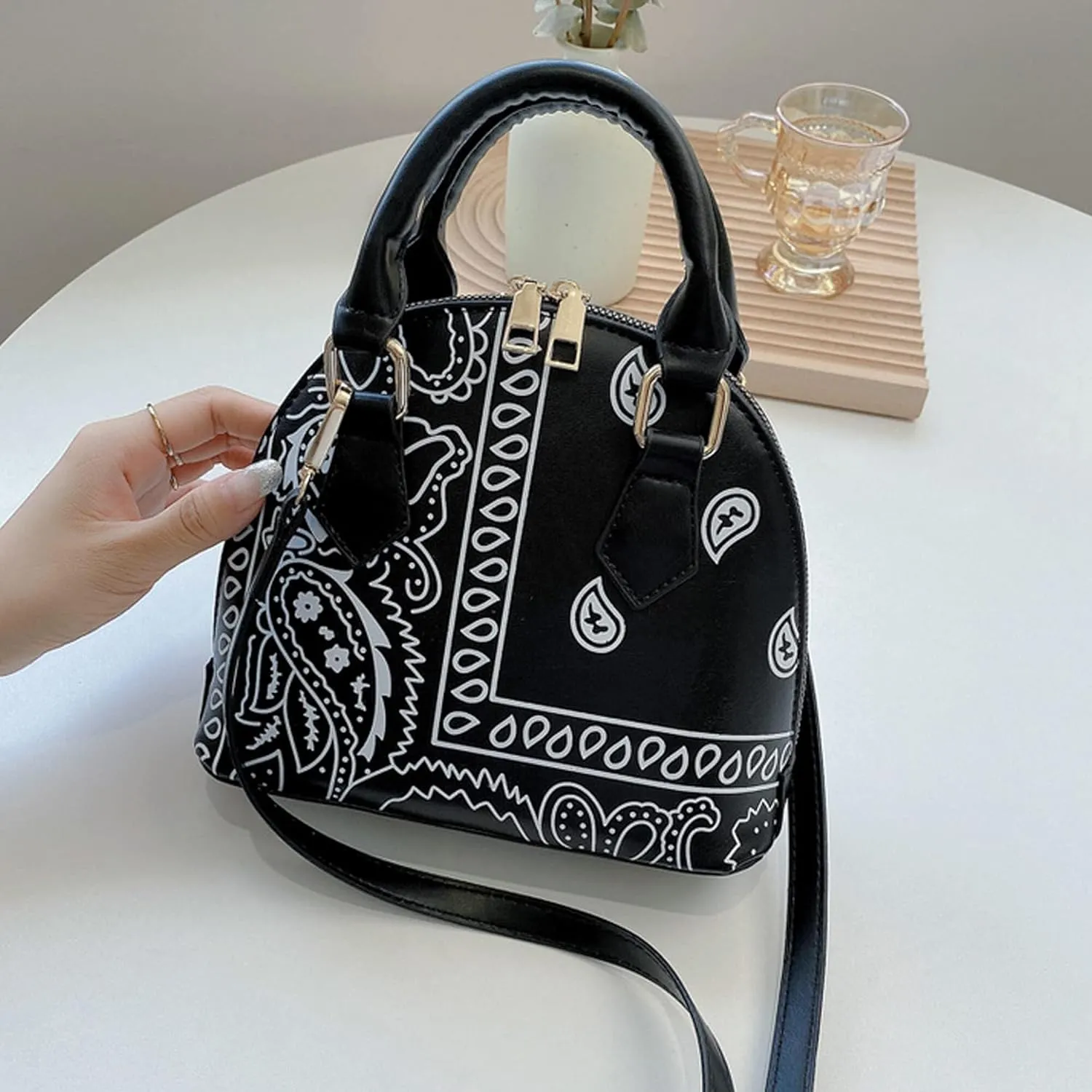 Mini Zip Around Dome Shoulder Bag Women's Shape Cross Body Handbag Purse Satchel Patent Leather Top Handle Tote