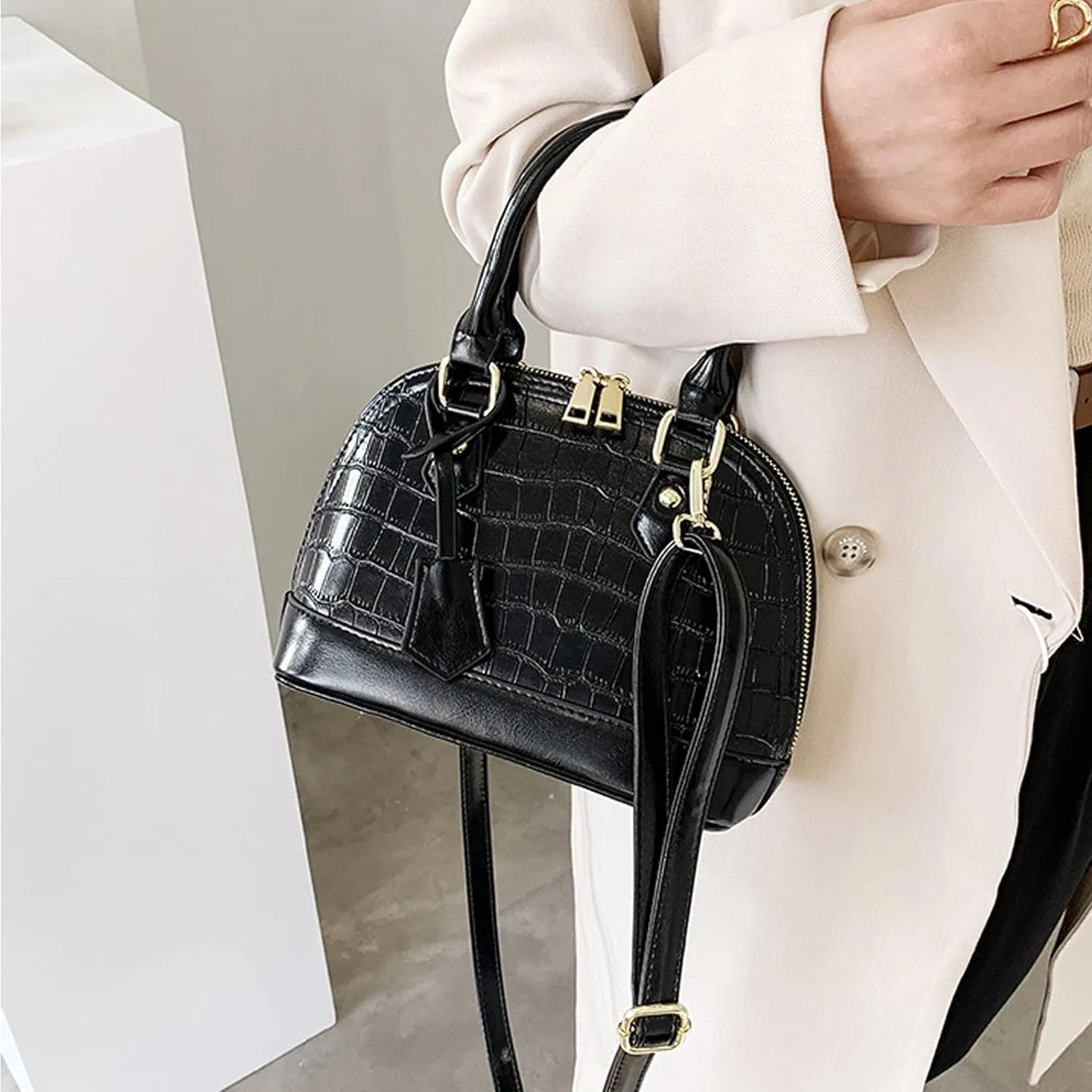 Mini Zip Around Dome Shoulder Bag Women's Shape Cross Body Handbag Purse Satchel Patent Leather Top Handle Tote