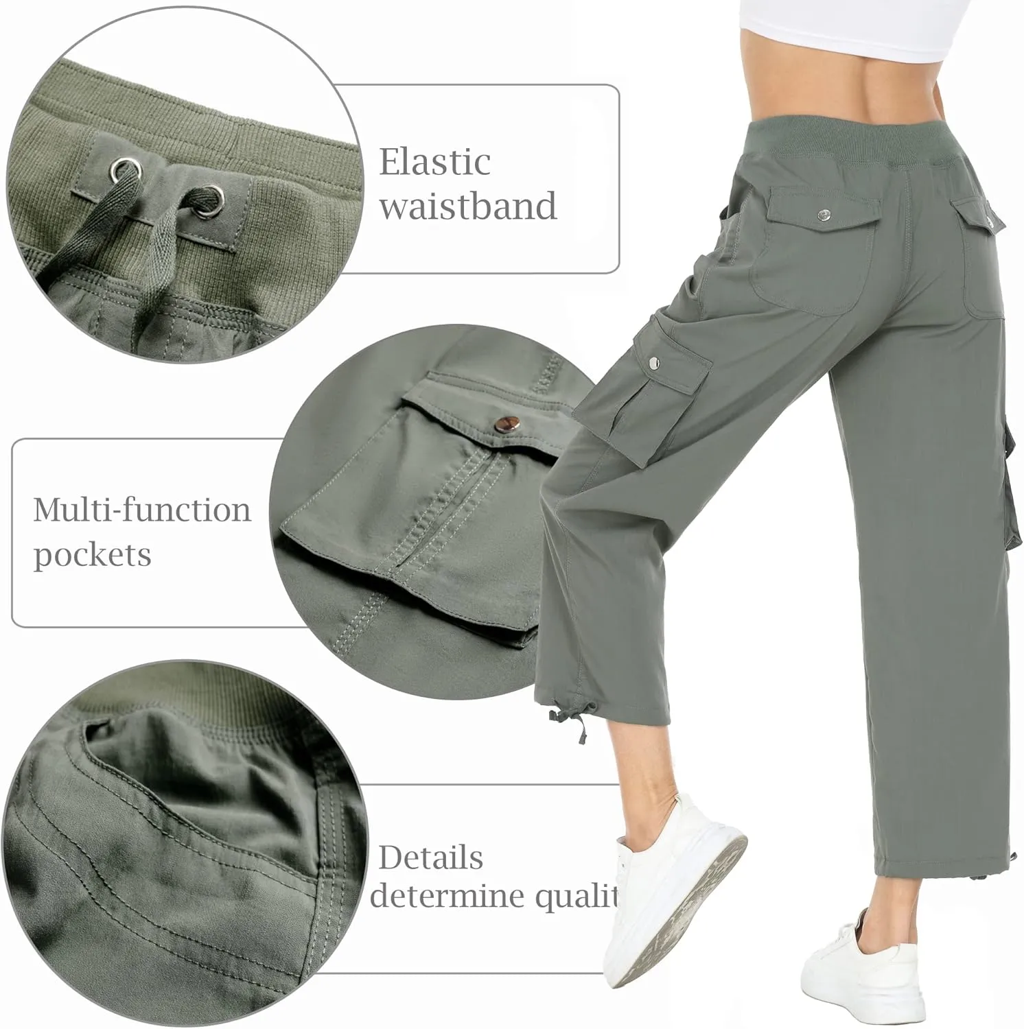 MISS MOLY Women's Cargo Capris Hiking Running Pants Loose Button Decor Lightweight Quick Dry Athletic Outdoor