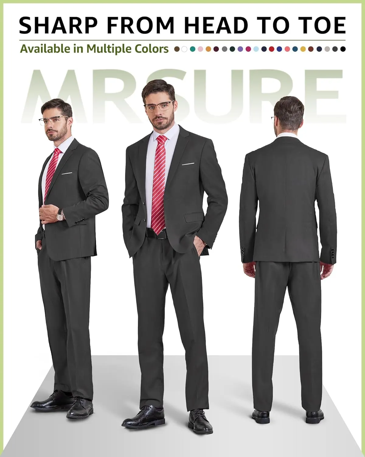 MrSure Men's 2 Piece Slim Fit Suit with Two-Button, Solid Stretch Jacket Pants & Tie Set.