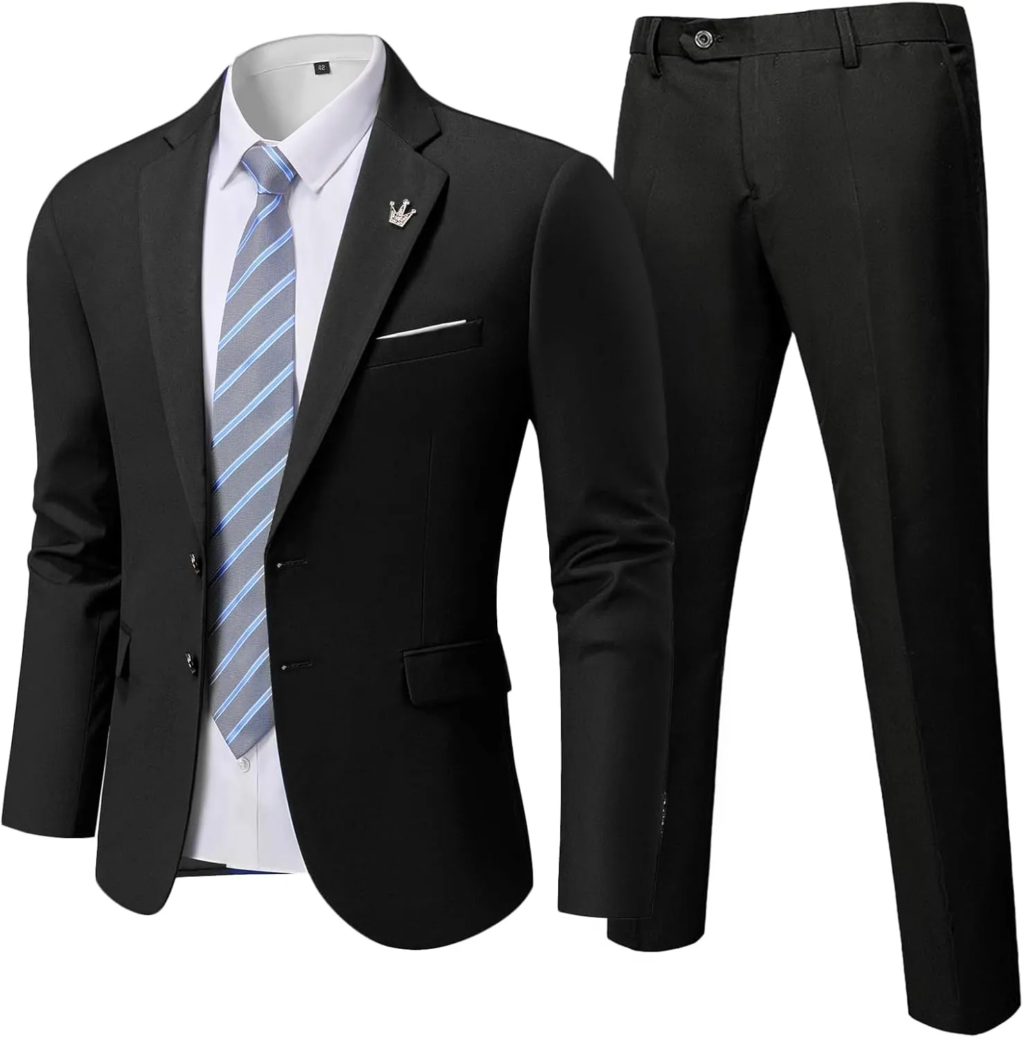 MrSure Men's 2 Piece Slim Fit Suit with Two-Button, Solid Stretch Jacket Pants & Tie Set.