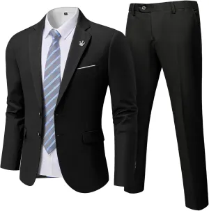 MrSure Men's 2 Piece Slim Fit Suit with Two-Button, Solid Stretch Jacket Pants & Tie Set.