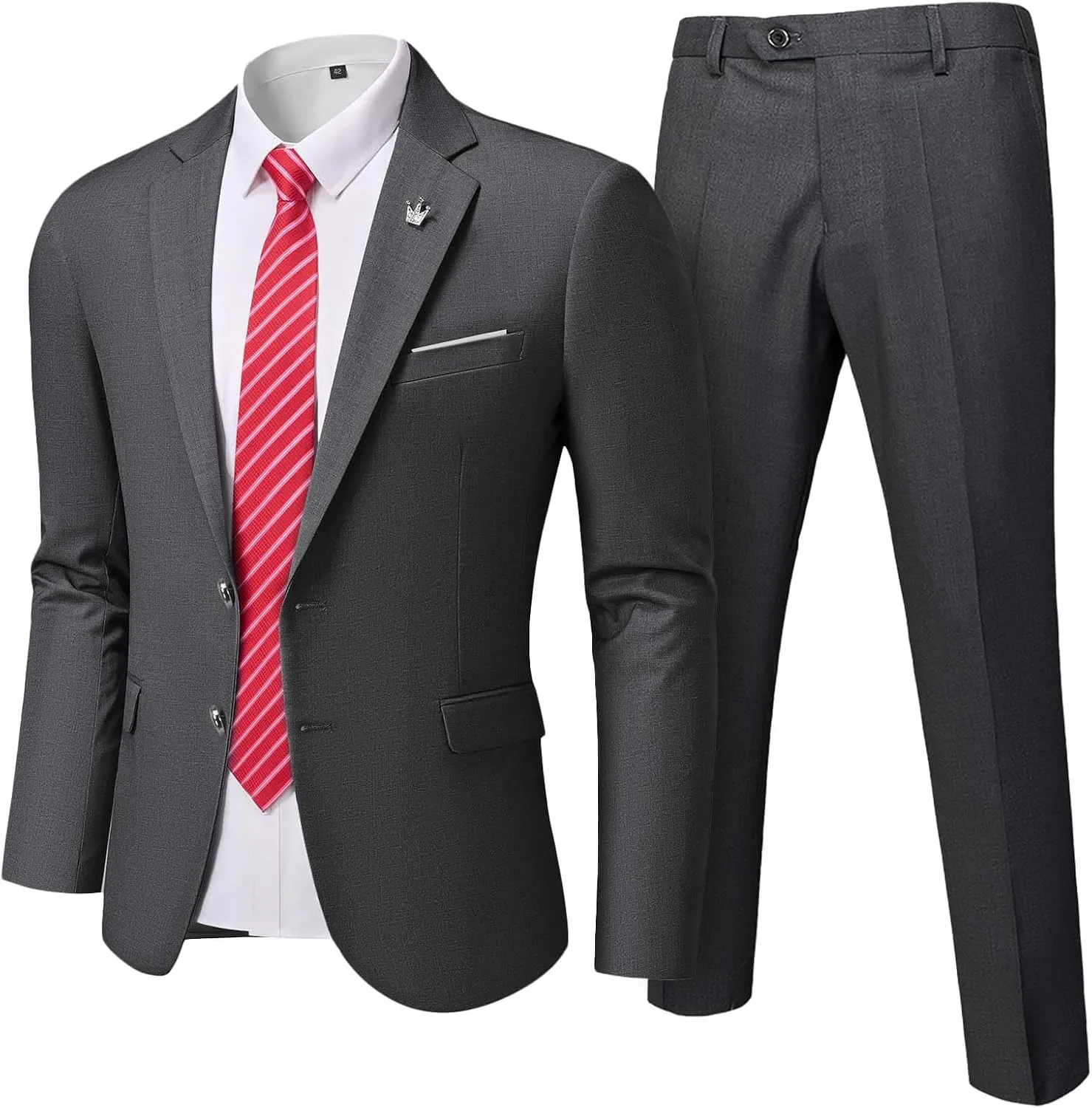 MrSure Men's 2 Piece Slim Fit Suit with Two-Button, Solid Stretch Jacket Pants & Tie Set.