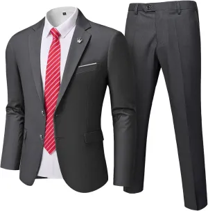 MrSure Men's 2 Piece Slim Fit Suit with Two-Button, Solid Stretch Jacket Pants & Tie Set.