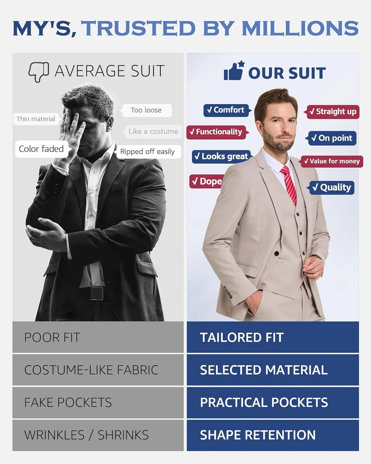 MY'S Men's 3 Piece Solid Suit Set, One Button Slim Fit Jacket Vest Pants with Tie