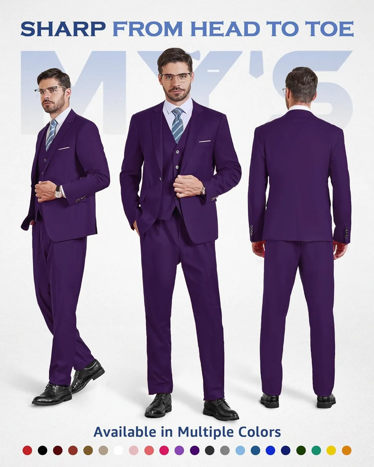 MY'S Men's 3 Piece Solid Suit Set, One Button Slim Fit Jacket Vest Pants with Tie