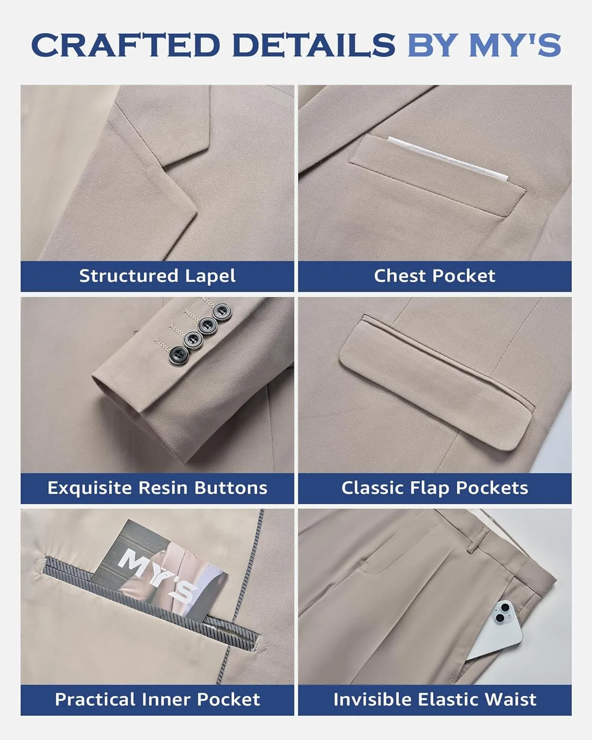 MY'S Men's 3 Piece Solid Suit Set, One Button Slim Fit Jacket Vest Pants with Tie