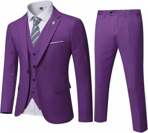 MY'S Men's 3 Piece Solid Suit Set, One Button Slim Fit Jacket Vest Pants with Tie