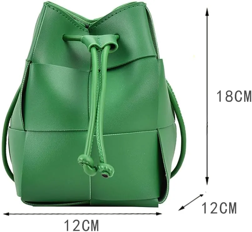 MYSNKU Women's Mini Woven Bucket Bag, Square Lattice Drawstring Leather Small Hobo Handbag Crossbody Handbags Soft Adjustable (Green)