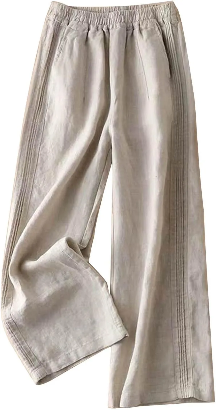 Mzkdieey Women's Linen Pants 2024 Summer Elastic High Waist Wide Leg Pants Casual Loose Flowy Beach Trousers with Pockets