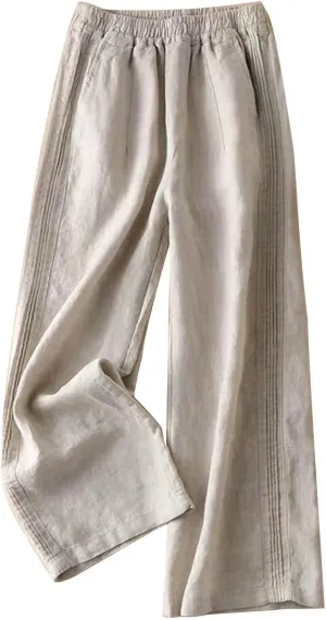 Mzkdieey Women's Linen Pants 2024 Summer Elastic High Waist Wide Leg Pants Casual Loose Flowy Beach Trousers with Pockets