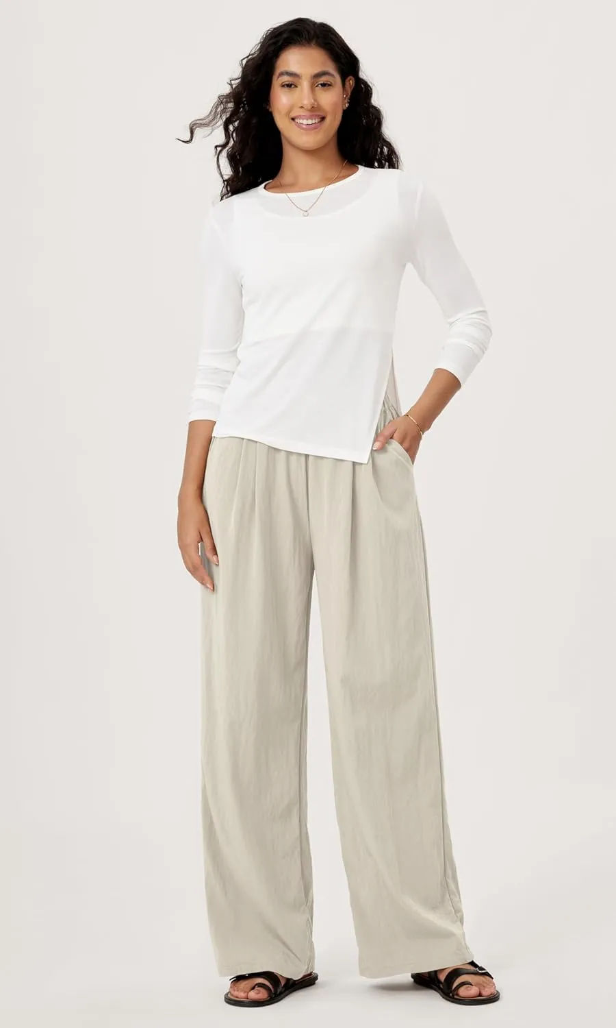 ODODOS Women's Wide Leg Pants with Pockets Crinkle Comfy High Waist Pull-On Lounge Casual Pants