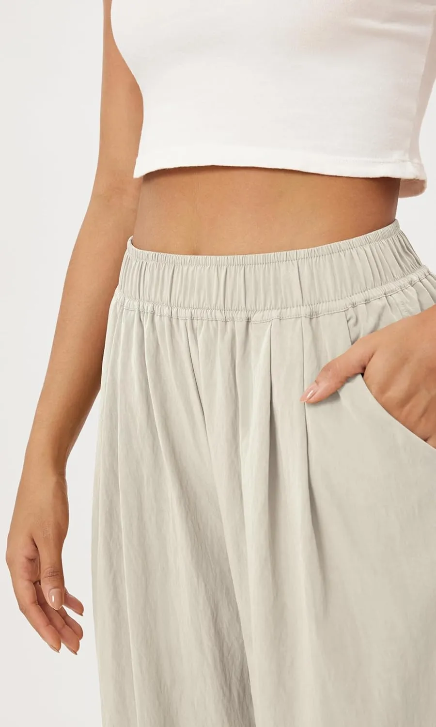 ODODOS Women's Wide Leg Pants with Pockets Crinkle Comfy High Waist Pull-On Lounge Casual Pants