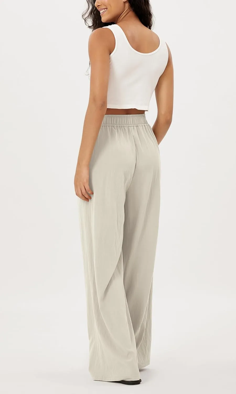 ODODOS Women's Wide Leg Pants with Pockets Crinkle Comfy High Waist Pull-On Lounge Casual Pants
