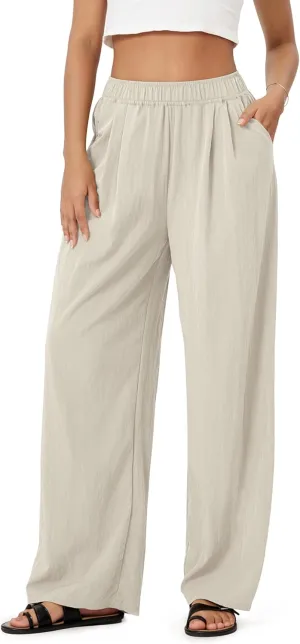ODODOS Women's Wide Leg Pants with Pockets Crinkle Comfy High Waist Pull-On Lounge Casual Pants
