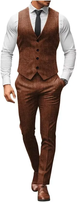 ONAXTDA Mens Slim Fit Vest and Pants Set Linen Casual 2 Piece Wedding Groomsmen Suit Waistcoat