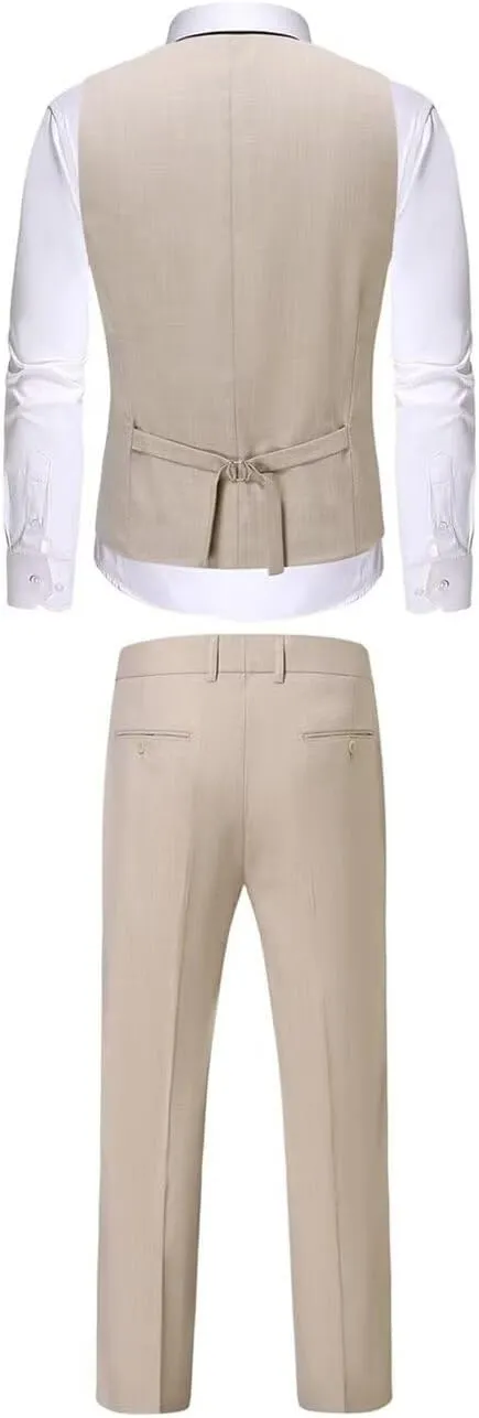 ONAXTDA Mens Slim Fit Vest and Pants Set Linen Casual 2 Piece Wedding Groomsmen Suit Waistcoat