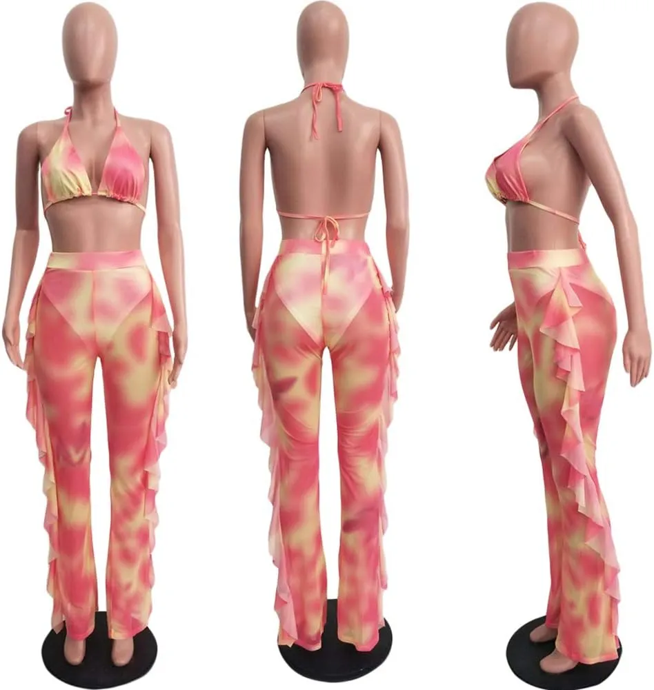 Ophestin Womens Sexy Halter Sheer Bikini Ruffle Long Pants Set 2 Piece Swimsuit