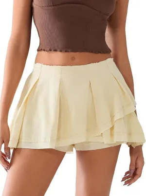 Owl's-Yard Women's Summer Mini Skort Solid Color Mid-Rise Asymmetrical Ruffle Skirt with Lined Shorts