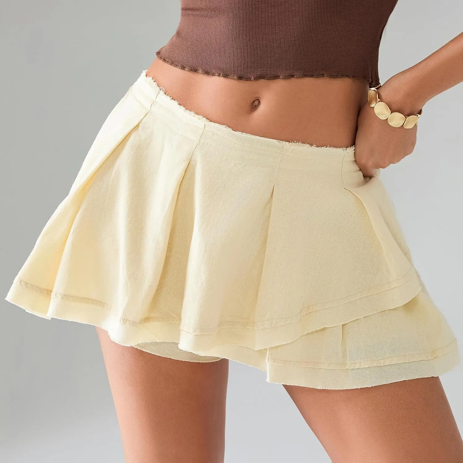 Owl's-Yard Women's Summer Mini Skort Solid Color Mid-Rise Asymmetrical Ruffle Skirt with Lined Shorts