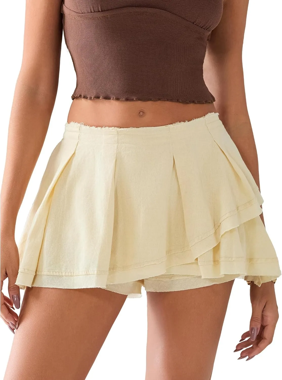Owl's-Yard Women's Summer Mini Skort Solid Color Mid-Rise Asymmetrical Ruffle Skirt with Lined Shorts