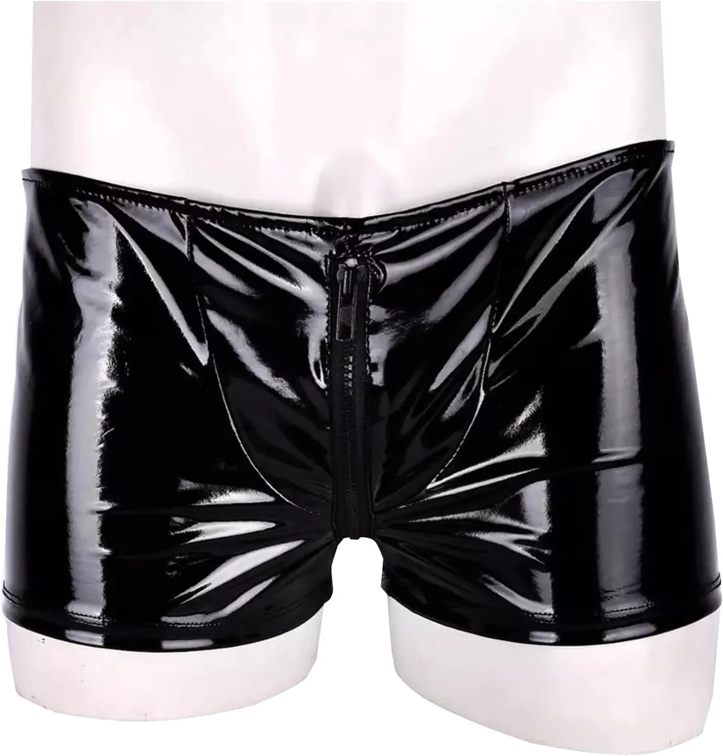 Panegy Mens PVC Leather Boxer, Sexy Open Crotch Zipper Shiny Matte Hot Short Pants (Label L-5XL= US XS-2XL)