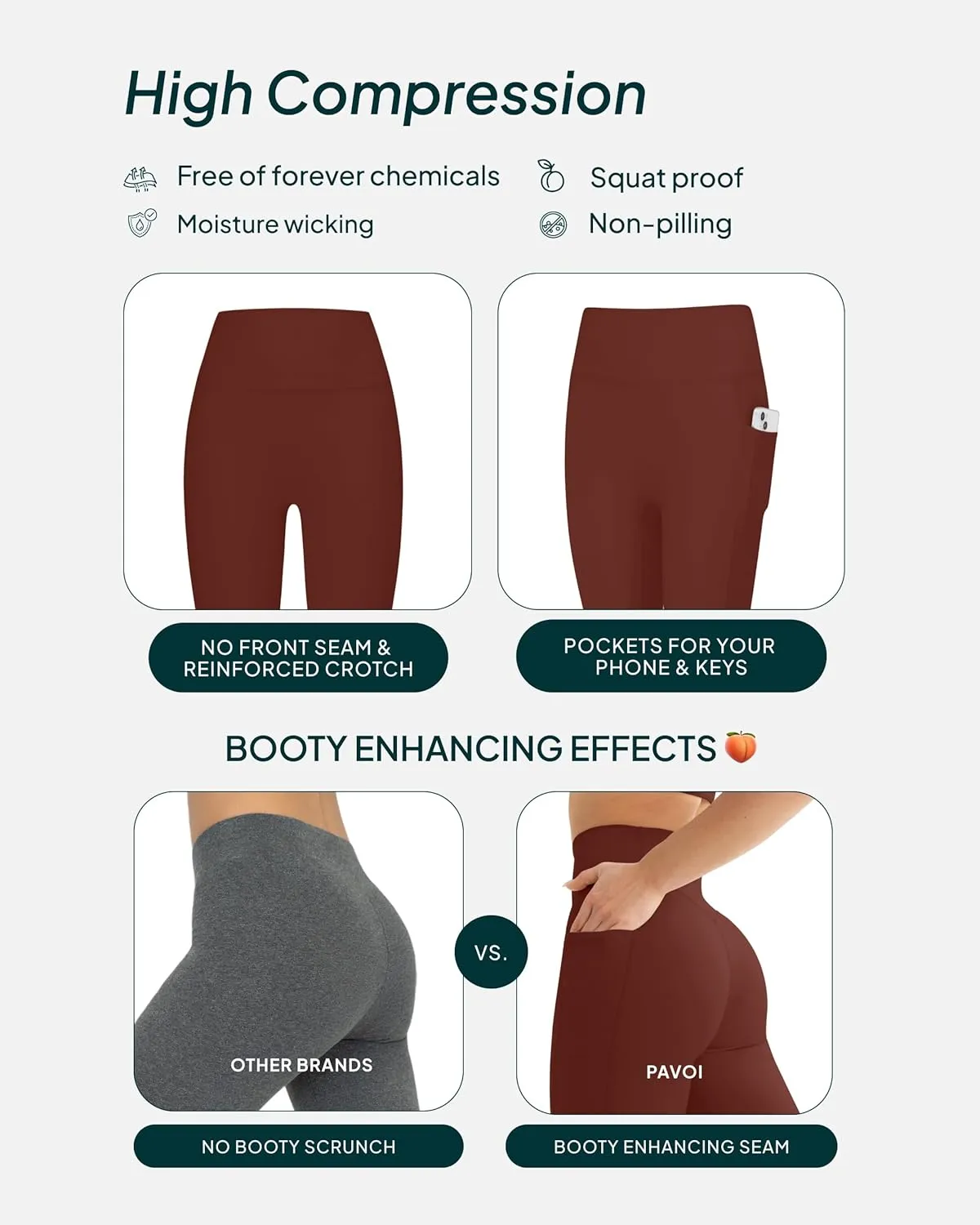 PAVOI ACTIVE Leggings with Pockets | Compressive High Waisted Butt Sculpting Women's Full Length Workout Pants | HiPerform