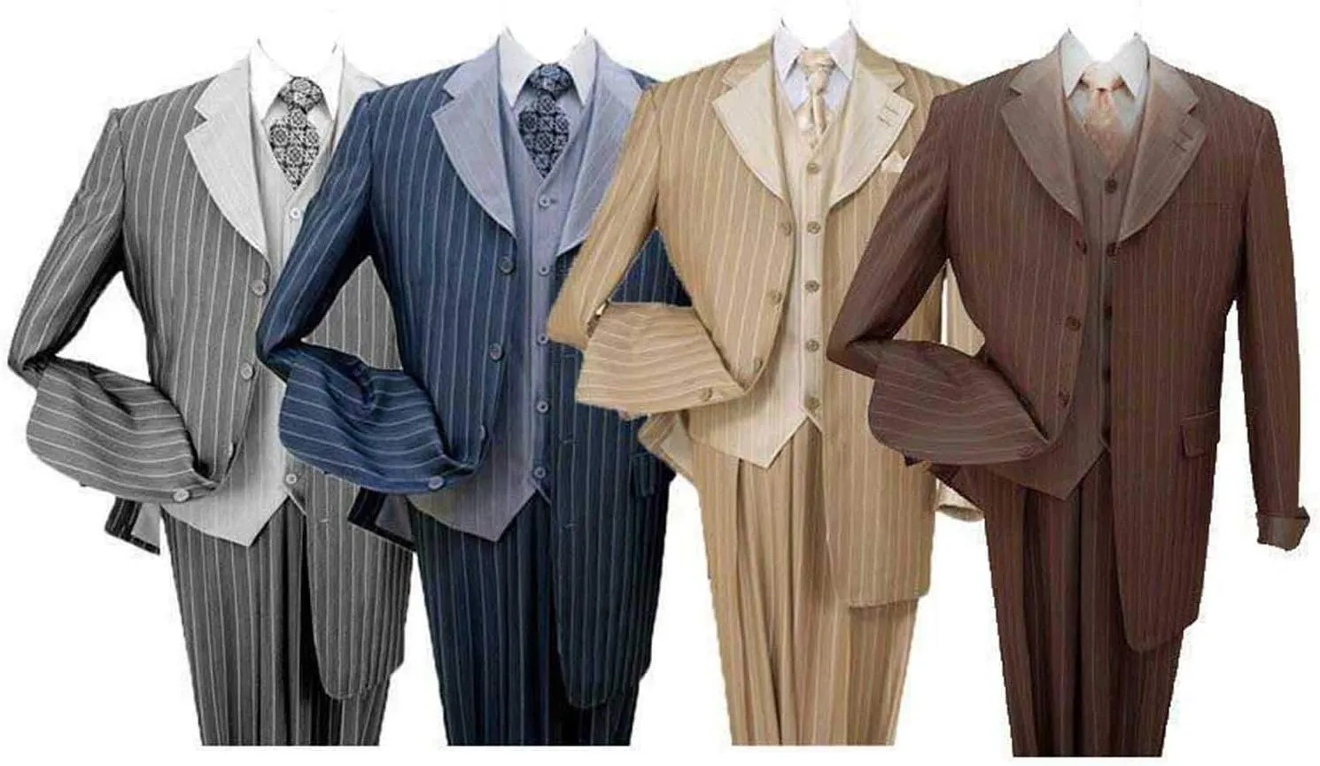 Pinestripe Fashion Suit with Contrast Collar, Cuffs & Vest, 4 Colors
