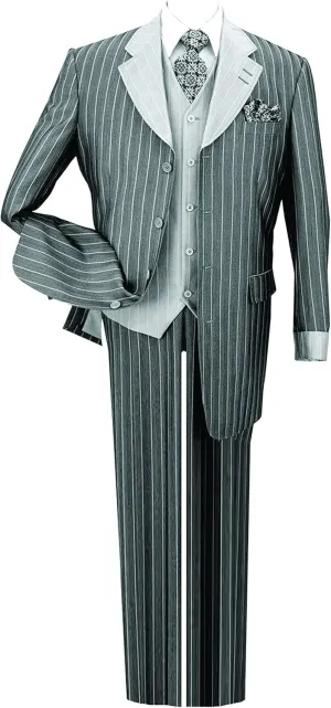 Pinestripe Fashion Suit with Contrast Collar, Cuffs & Vest, 4 Colors