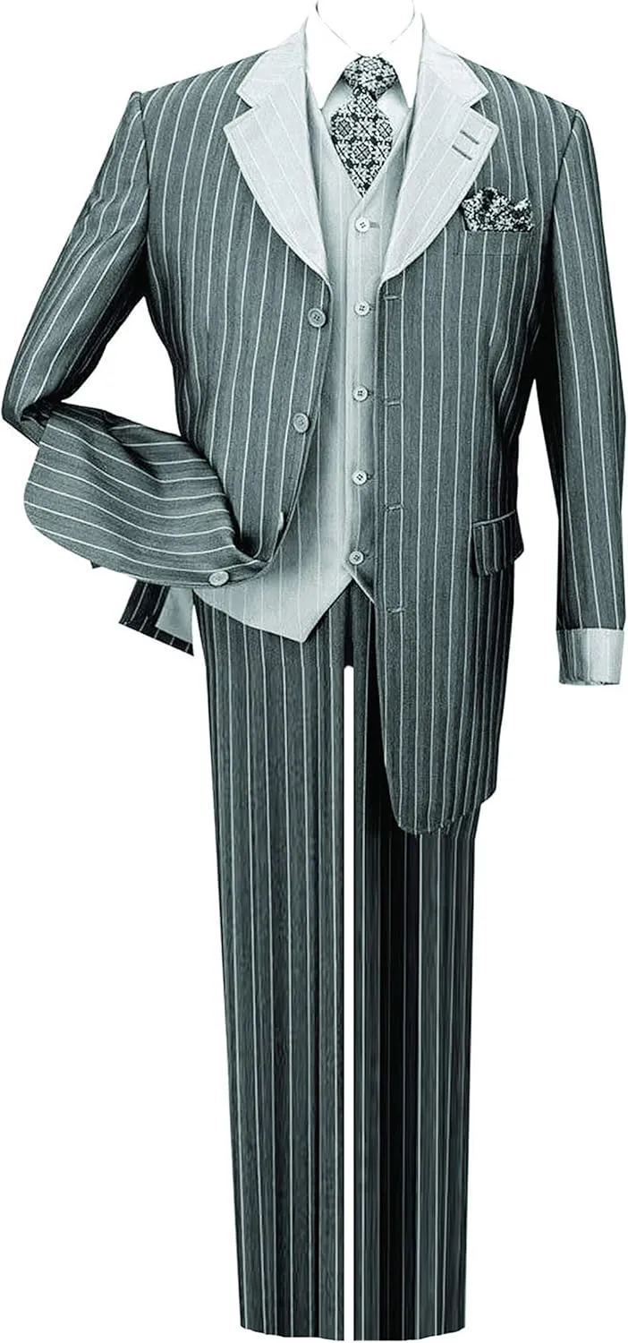 Pinestripe Fashion Suit with Contrast Collar, Cuffs & Vest, 4 Colors