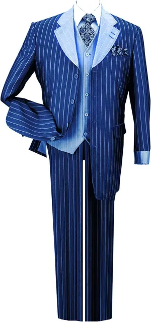 Pinestripe Fashion Suit with Contrast Collar, Cuffs & Vest, 4 Colors