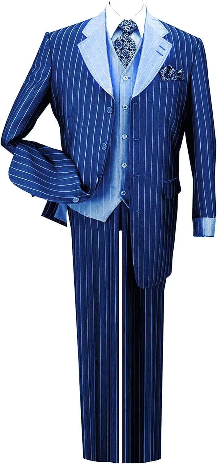 Pinestripe Fashion Suit with Contrast Collar, Cuffs & Vest, 4 Colors
