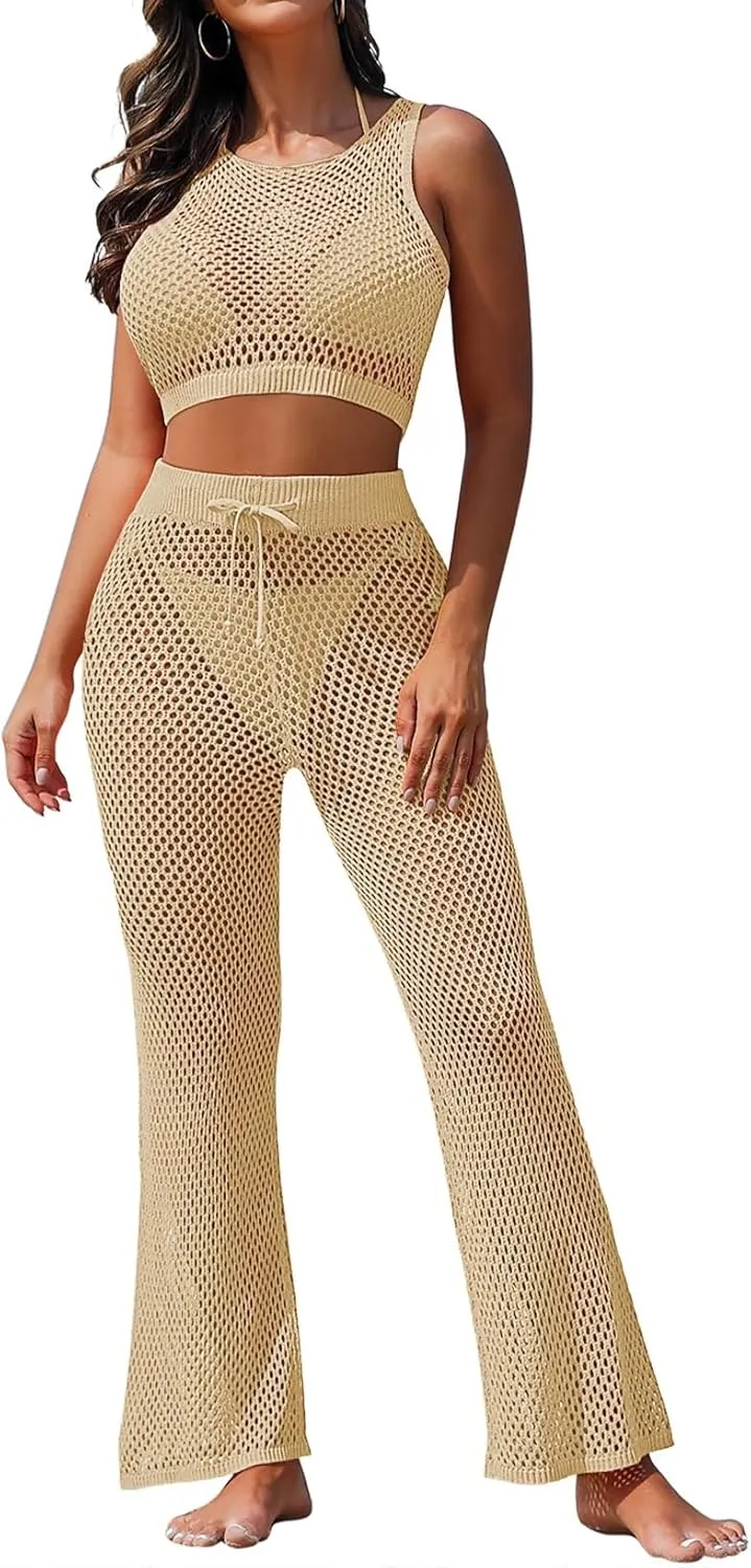 Pink Queen Women's Swimsuit Cover Up Set 2 Pieces Crochet Sleeveless Crop Top Wide Leg Long Pants Beach Coverups