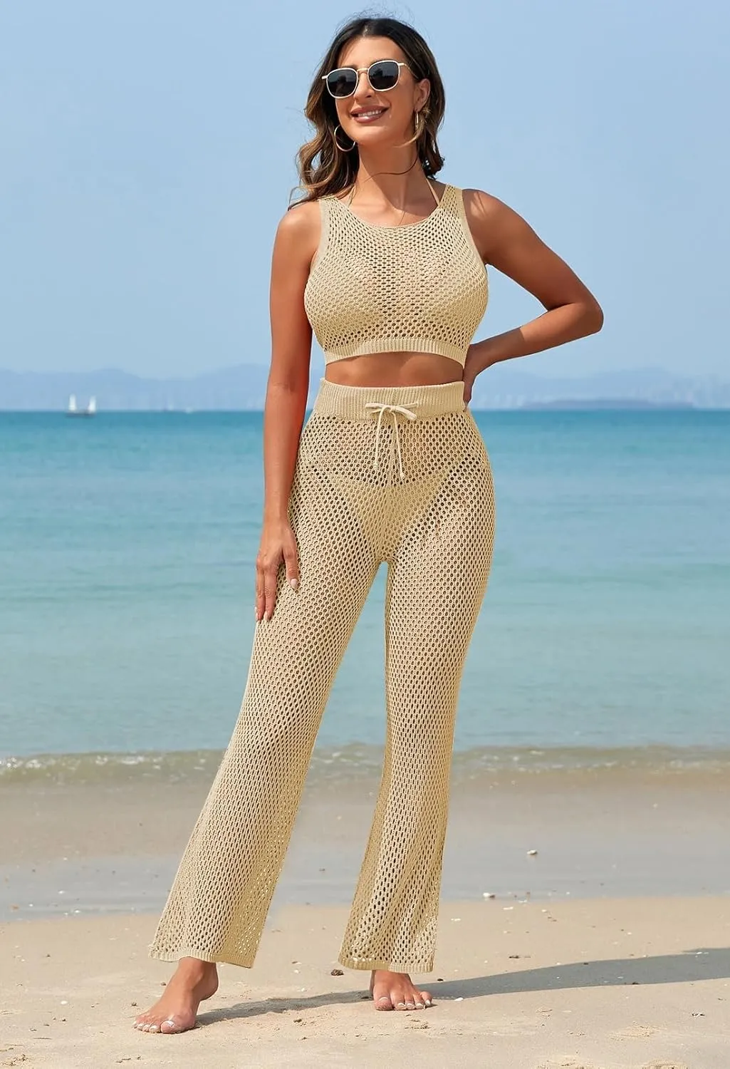 Pink Queen Women's Swimsuit Cover Up Set 2 Pieces Crochet Sleeveless Crop Top Wide Leg Long Pants Beach Coverups