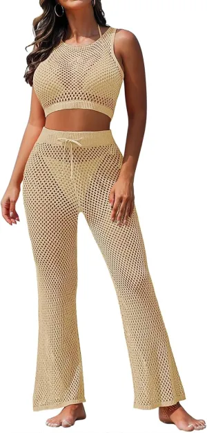 Pink Queen Women's Swimsuit Cover Up Set 2 Pieces Crochet Sleeveless Crop Top Wide Leg Long Pants Beach Coverups