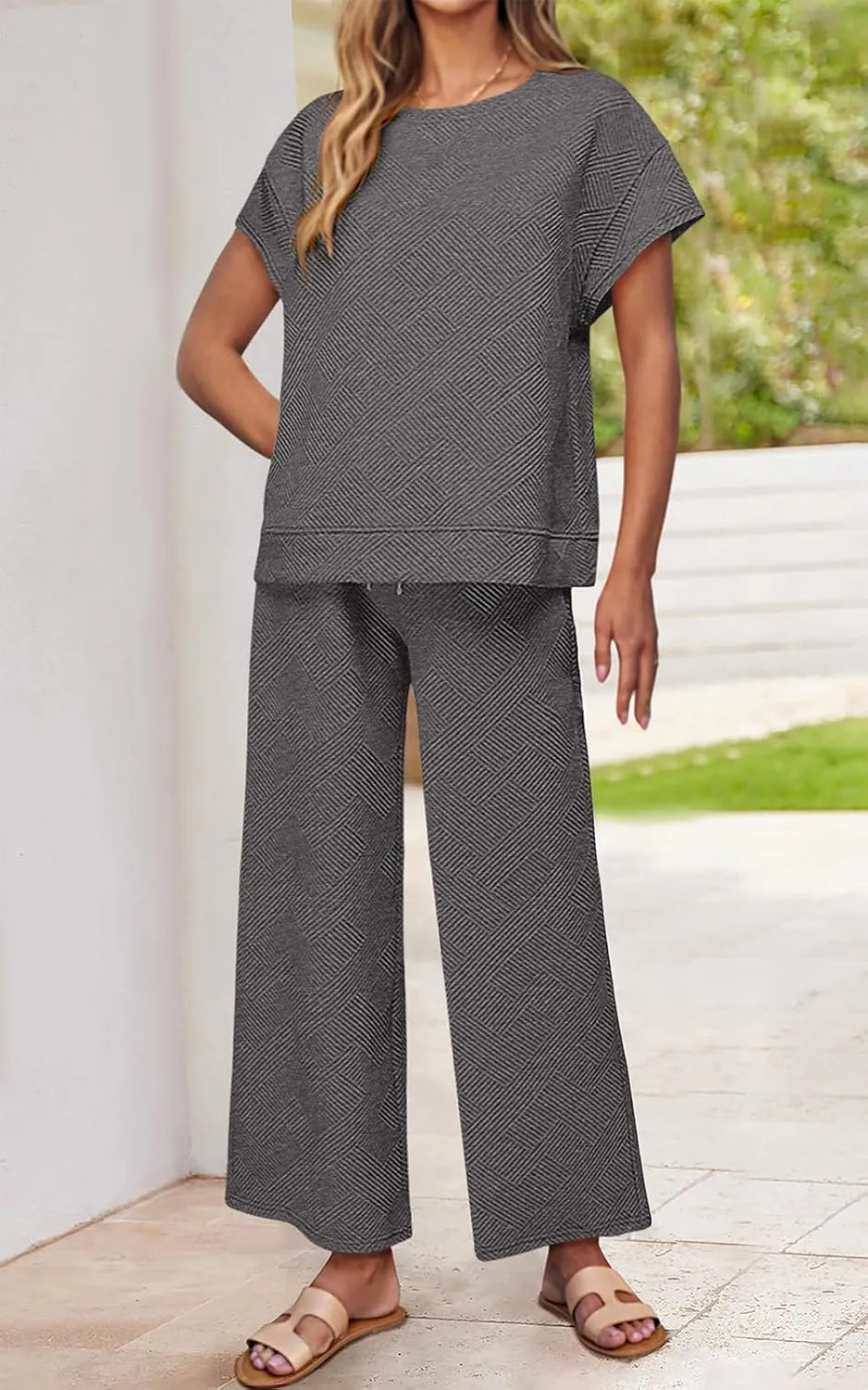 PRETTYGARDEN 2 Piece Outfits For Women Casual Tracksuit Short Sleeve Tops And Wide Leg Long Pants Matching Lounge Sets