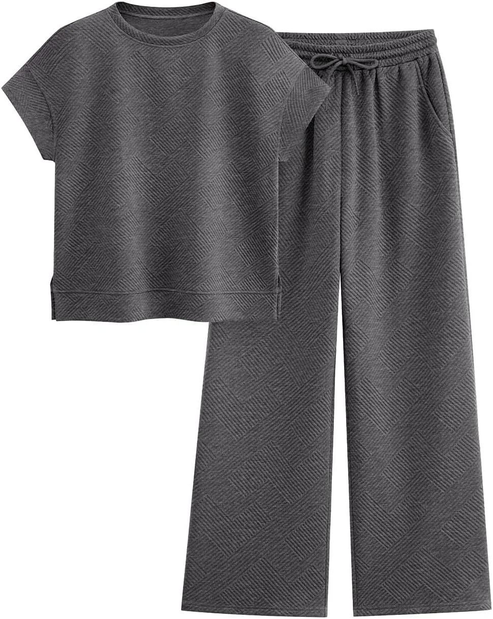PRETTYGARDEN 2 Piece Outfits For Women Casual Tracksuit Short Sleeve Tops And Wide Leg Long Pants Matching Lounge Sets