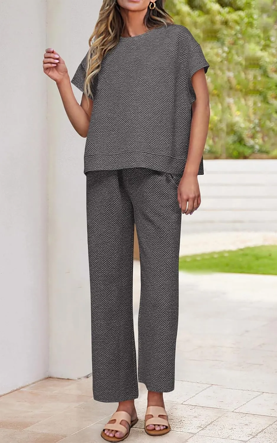 PRETTYGARDEN 2 Piece Outfits For Women Casual Tracksuit Short Sleeve Tops And Wide Leg Long Pants Matching Lounge Sets