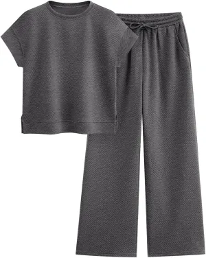 PRETTYGARDEN 2 Piece Outfits For Women Casual Tracksuit Short Sleeve Tops And Wide Leg Long Pants Matching Lounge Sets