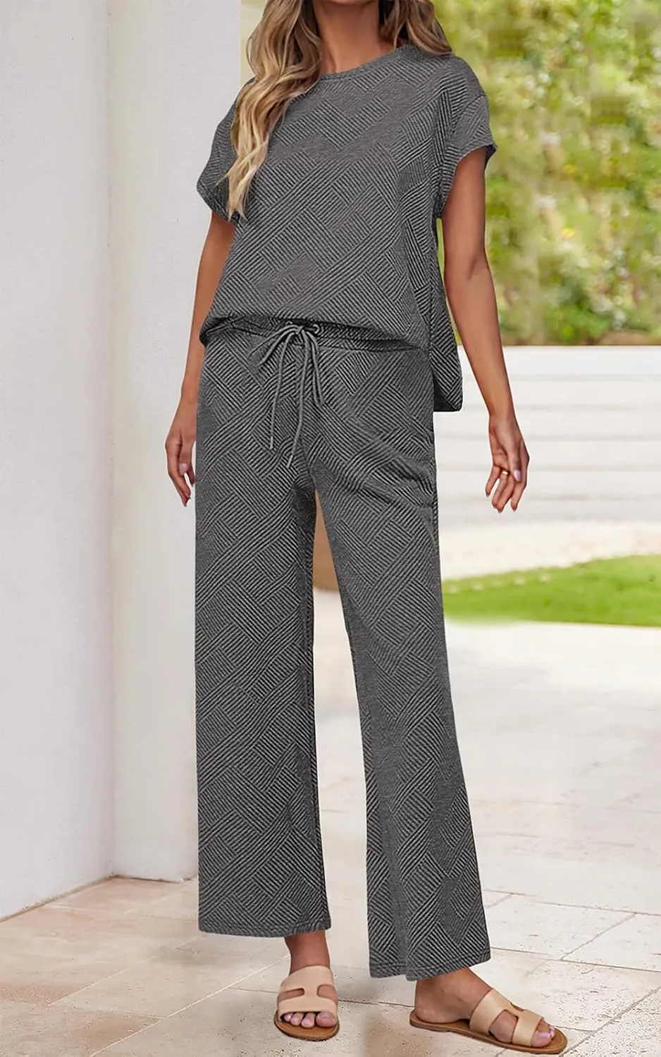 PRETTYGARDEN 2 Piece Outfits For Women Casual Tracksuit Short Sleeve Tops And Wide Leg Long Pants Matching Lounge Sets