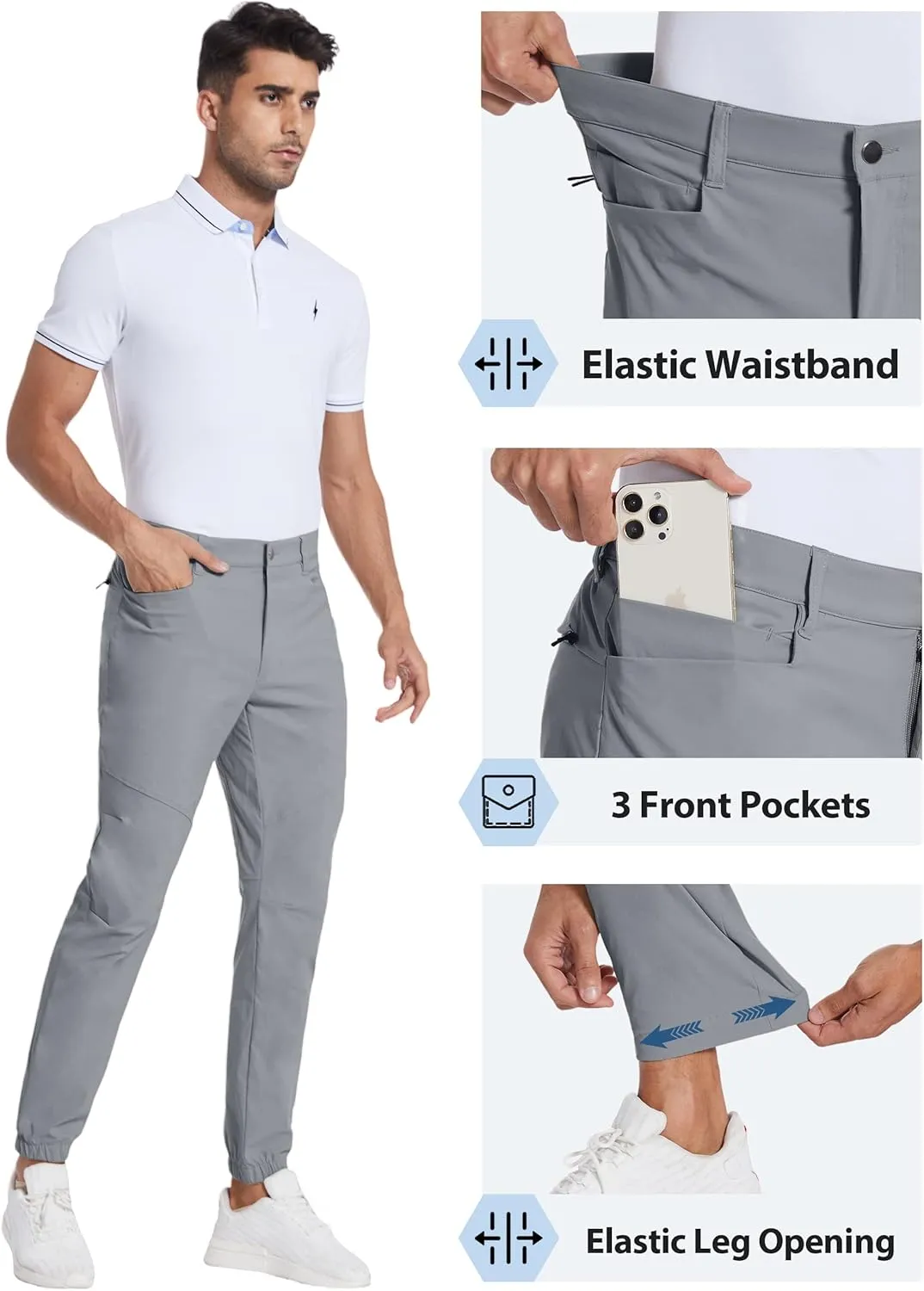 PULI Men's Stretch Golf Joggers Pants with 4 Pockets Waterproof Slim Fit Hiking Casual Travel Work Pants for Men