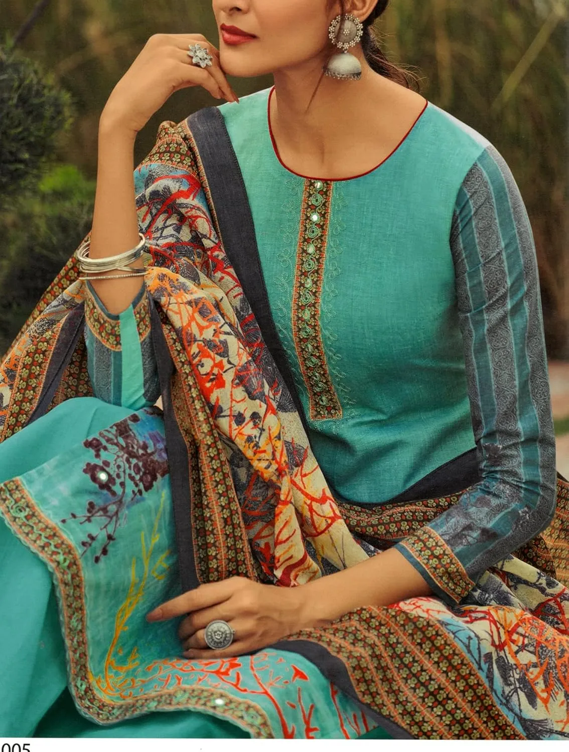 Pure Cotton Ari Embroidered Printed Salwar Kameez Suit with Palazzo Pants
