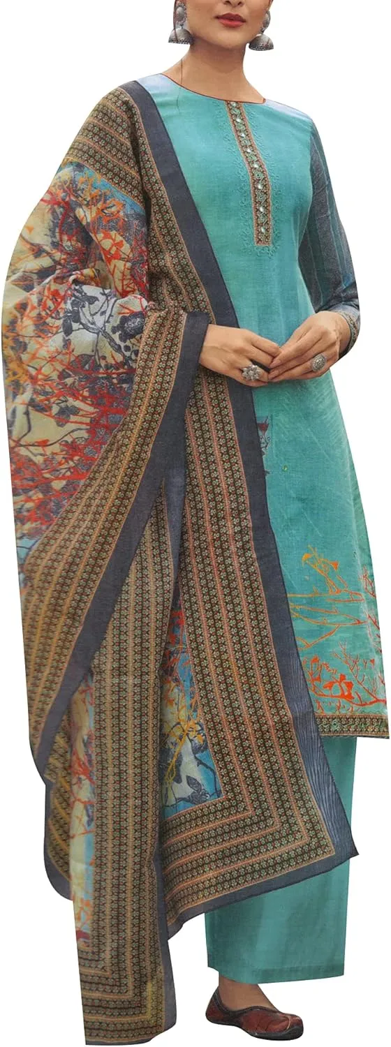 Pure Cotton Ari Embroidered Printed Salwar Kameez Suit with Palazzo Pants