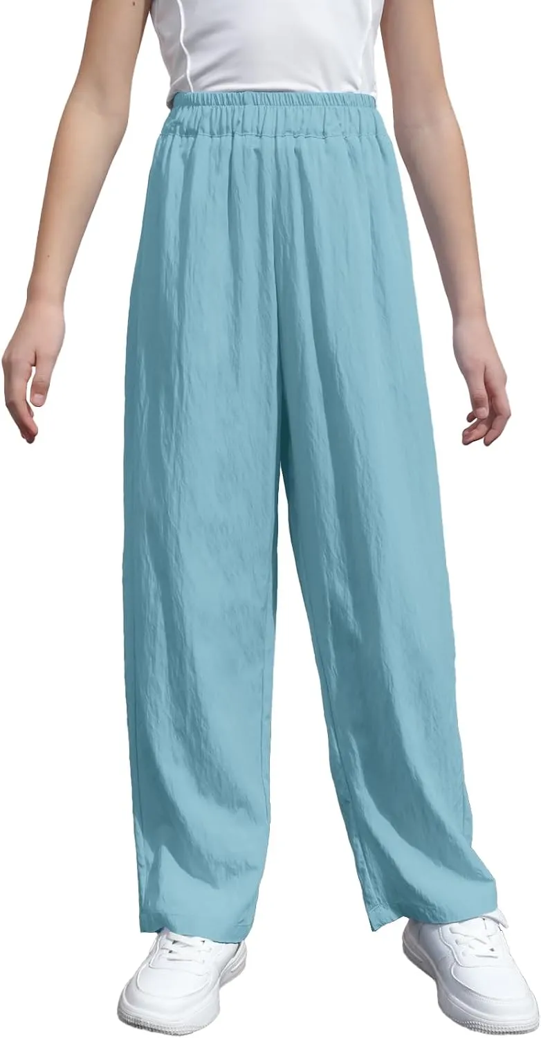 SANGTREE Girls & Woman Wide Leg Pants Lightweight Casual Elastic High Waist Straight Leg Loose Trousers,4 Years - Woman 2XL