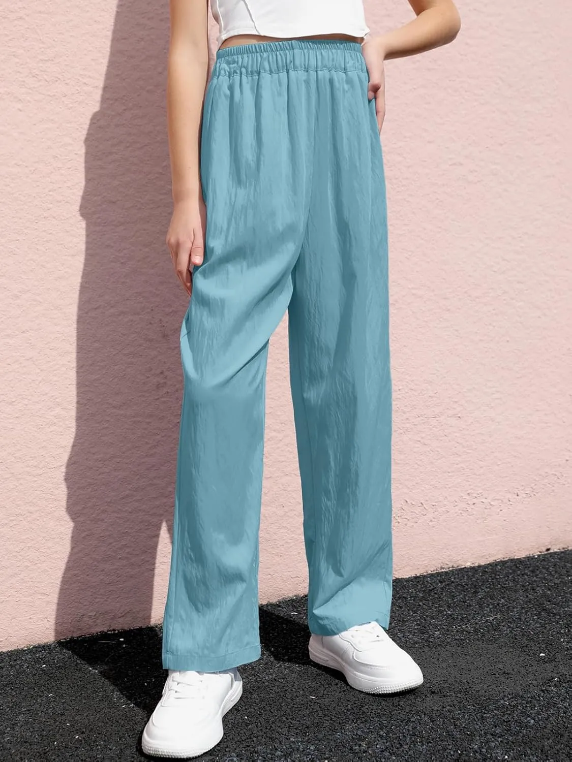 SANGTREE Girls & Woman Wide Leg Pants Lightweight Casual Elastic High Waist Straight Leg Loose Trousers,4 Years - Woman 2XL