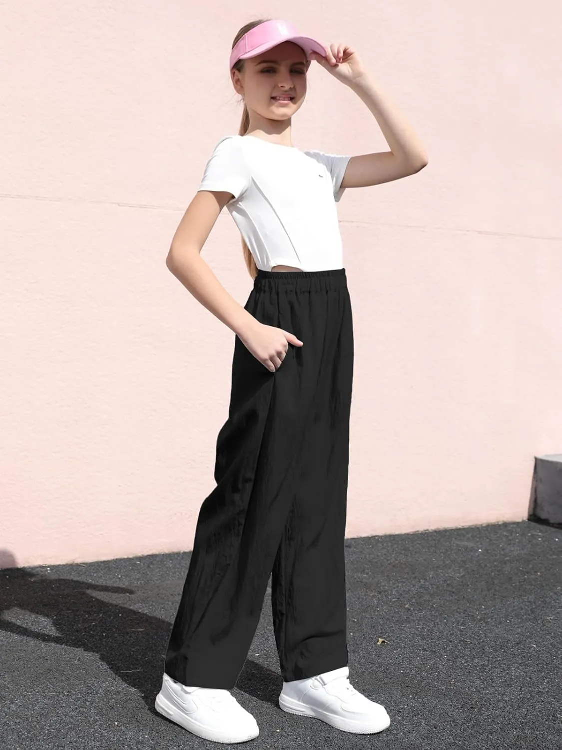 SANGTREE Girls & Woman Wide Leg Pants Lightweight Casual Elastic High Waist Straight Leg Loose Trousers,4 Years - Woman 2XL