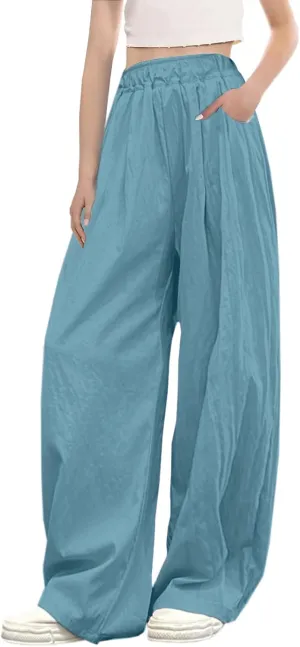 SANGTREE Girls & Woman Wide Leg Pants Lightweight Casual Elastic High Waist Straight Leg Loose Trousers,4 Years - Woman 2XL