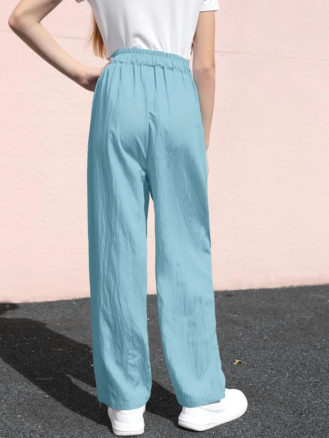 SANGTREE Girls & Woman Wide Leg Pants Lightweight Casual Elastic High Waist Straight Leg Loose Trousers,4 Years - Woman 2XL