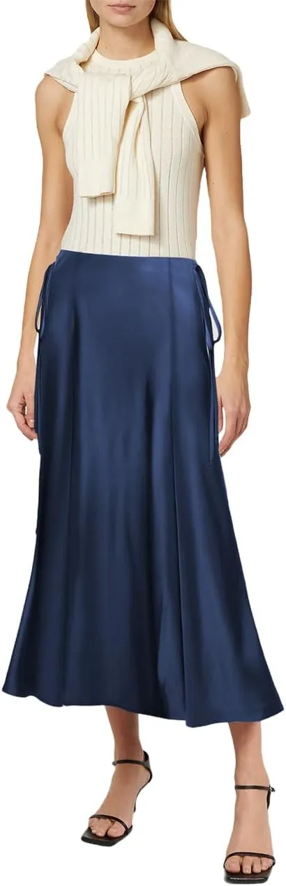SEBOWEL Women Satin Maxi Long Skirt Silk Side Tie A Line Swing Midi Skirt Silky Flowy Ruffle Pleated Cocktail Party Skirts