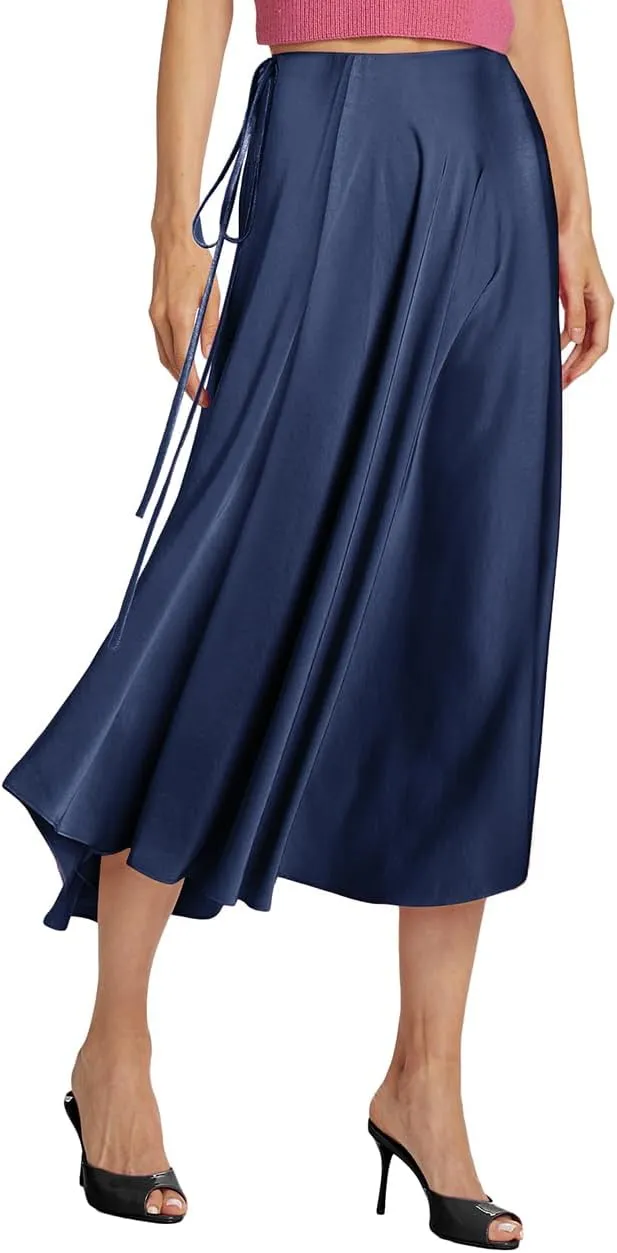 SEBOWEL Women Satin Maxi Long Skirt Silk Side Tie A Line Swing Midi Skirt Silky Flowy Ruffle Pleated Cocktail Party Skirts